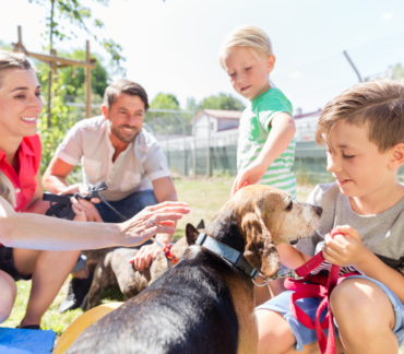 A happy family with an adopted dog.